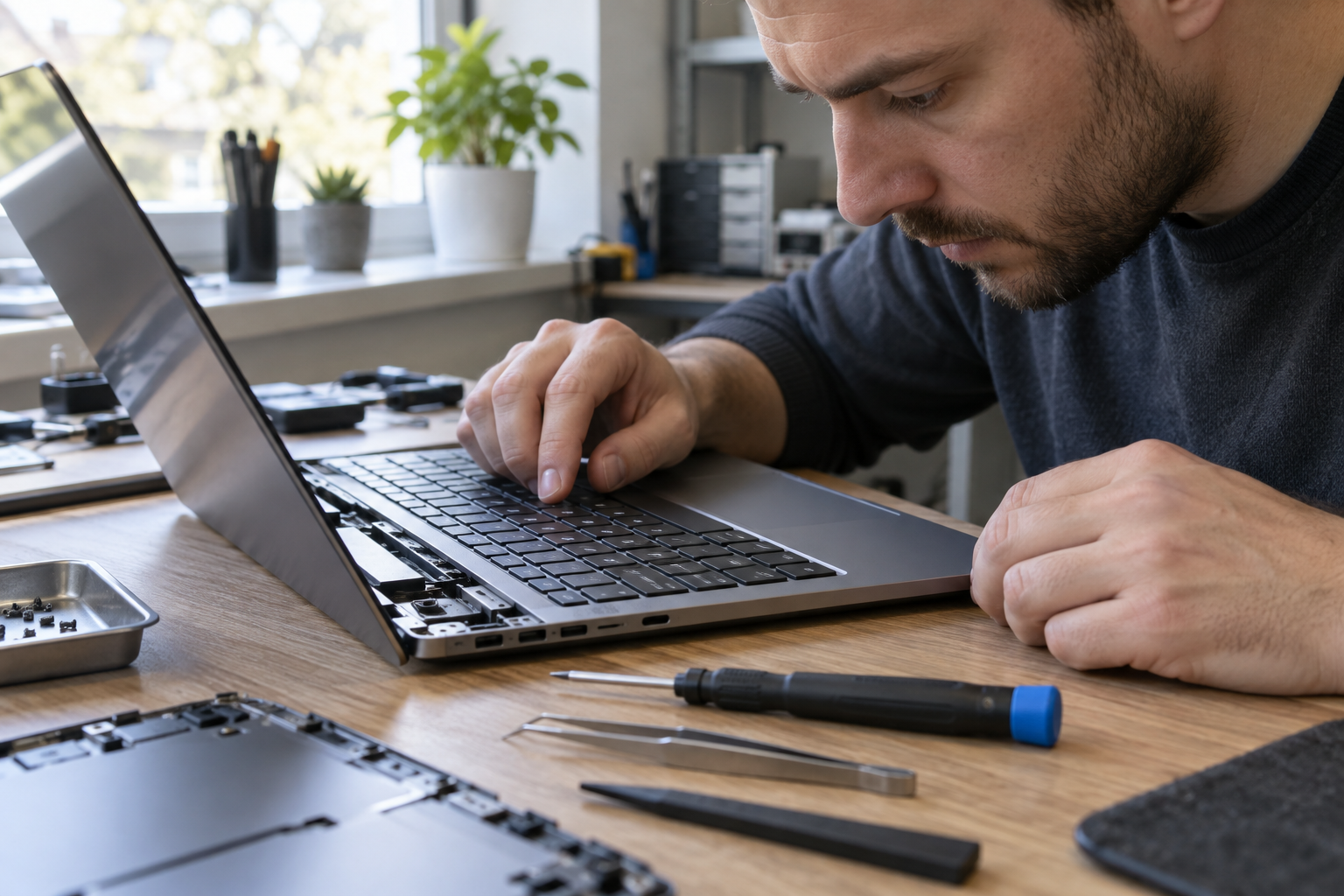 Kỹ thuật viên kiểm tra bàn phím laptop bị liệt