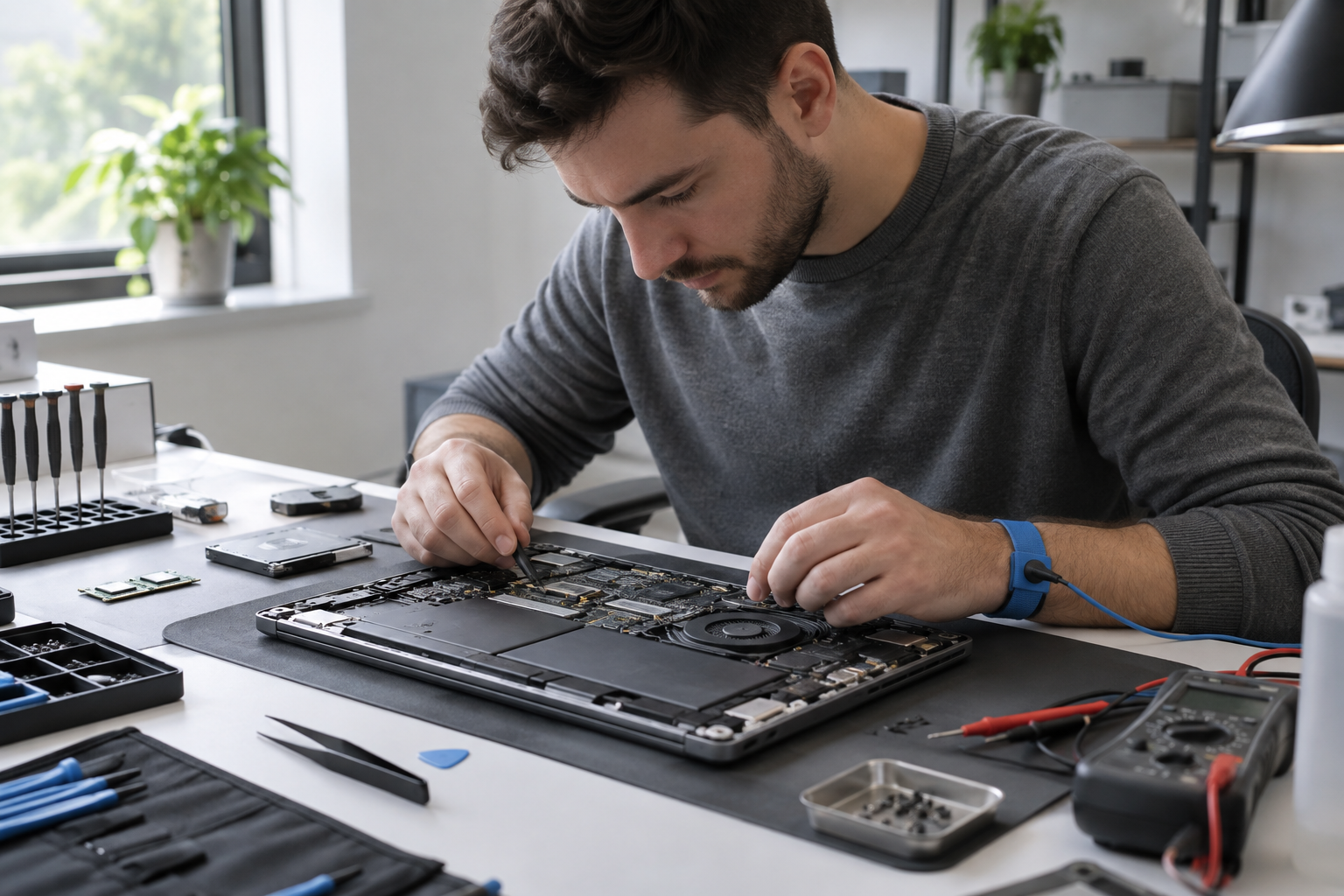 Kỹ thuật viên kiểm tra laptop trước khi báo giá sửa tại Điện Bàn