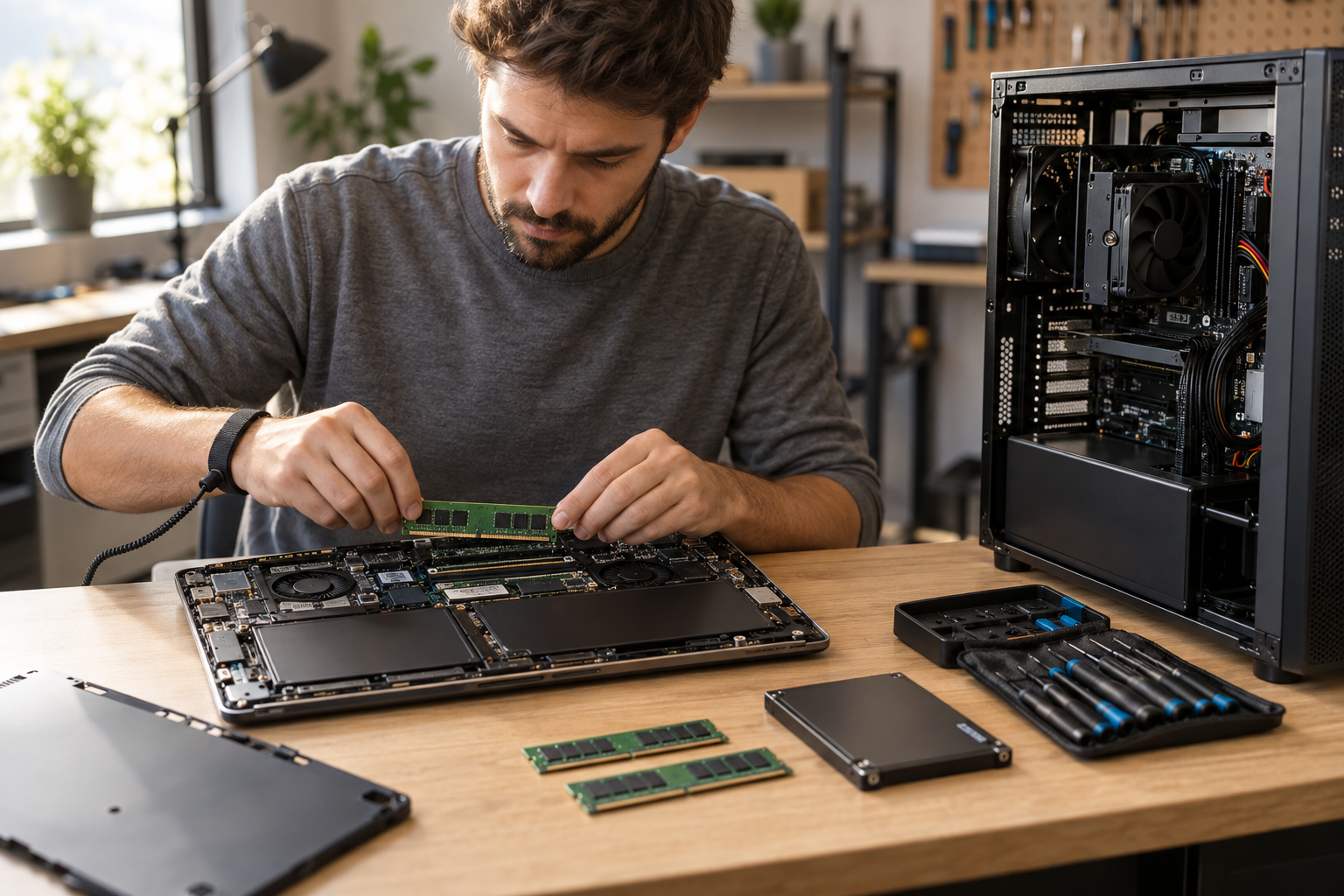 Kỹ thuật viên nâng cấp RAM và SSD cho máy tính