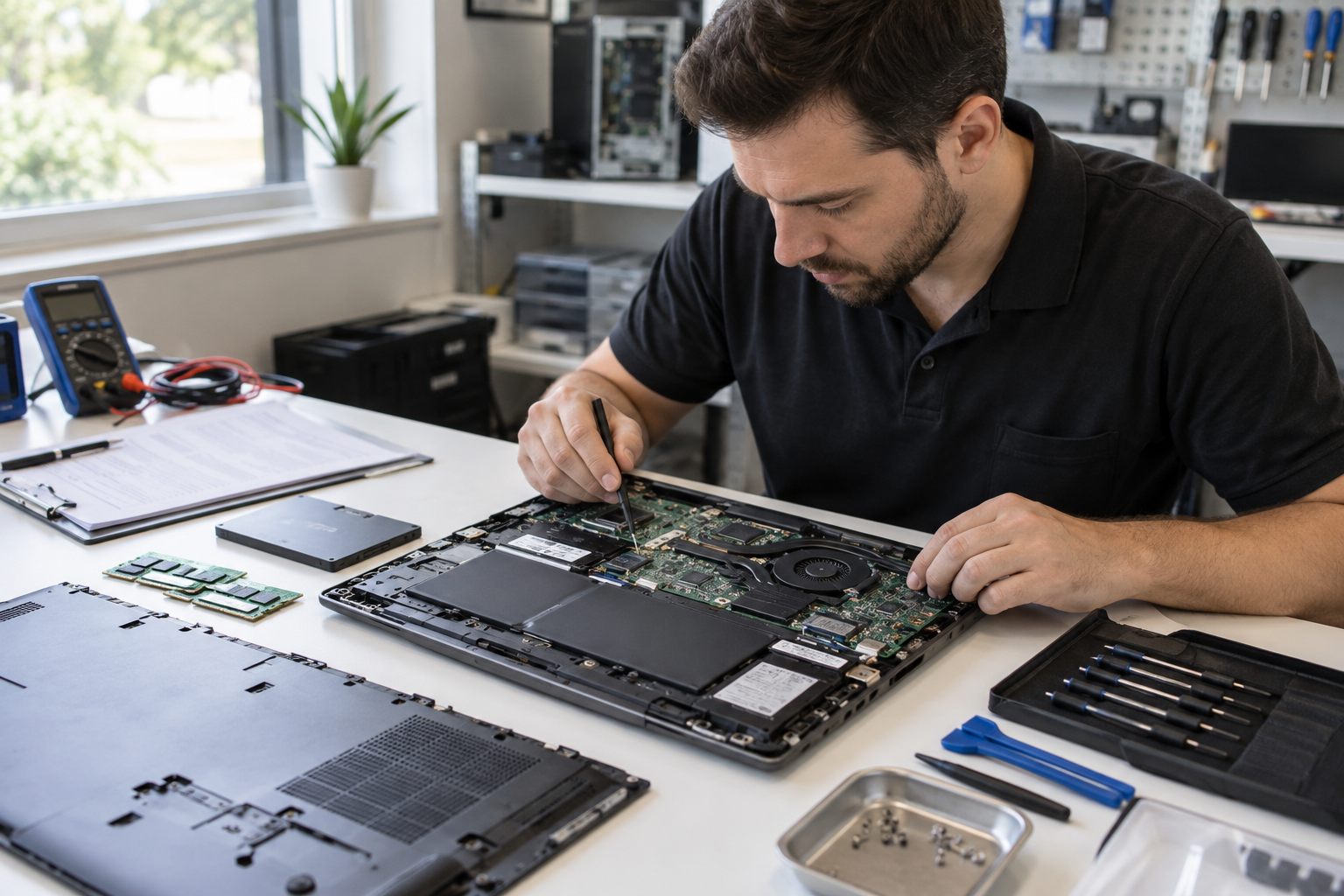 Kỹ thuật viên kiểm tra laptop và tư vấn bảng giá sửa máy tính Đà Nẵng