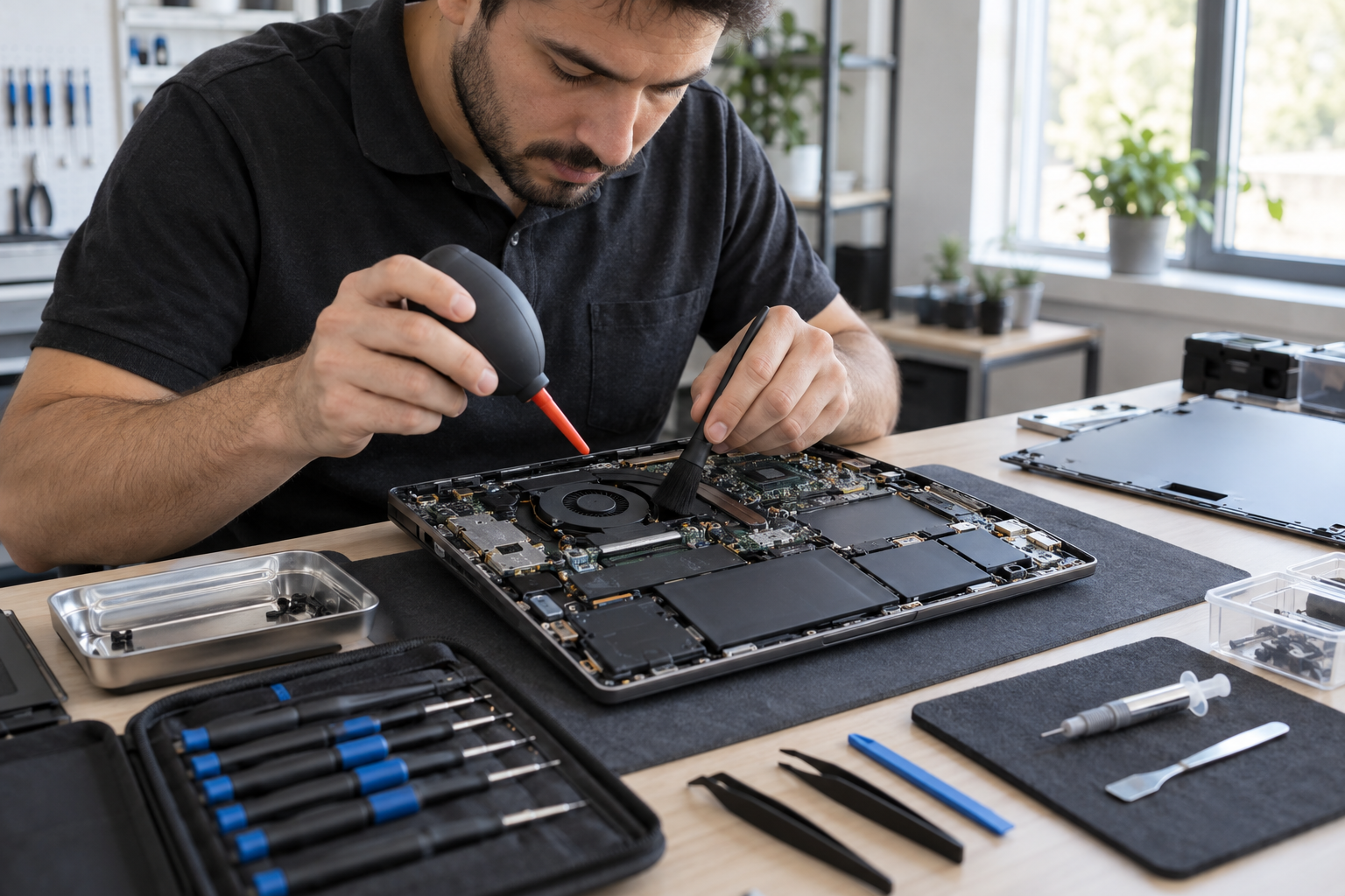 Kỹ thuật viên vệ sinh laptop và kiểm tra tản nhiệt