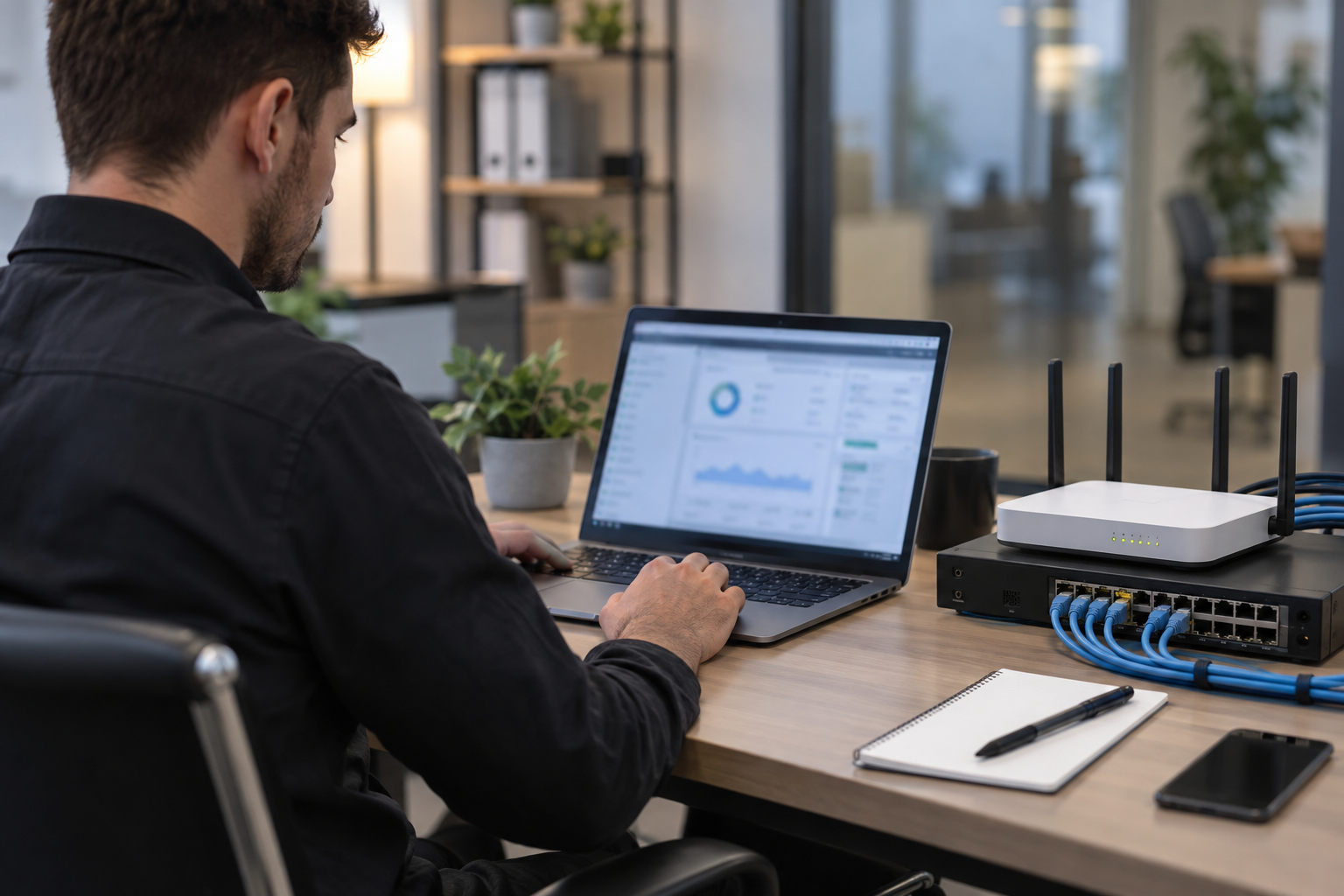 Kỹ thuật viên cấu hình bảo mật WiFi cho doanh nghiệp nhỏ