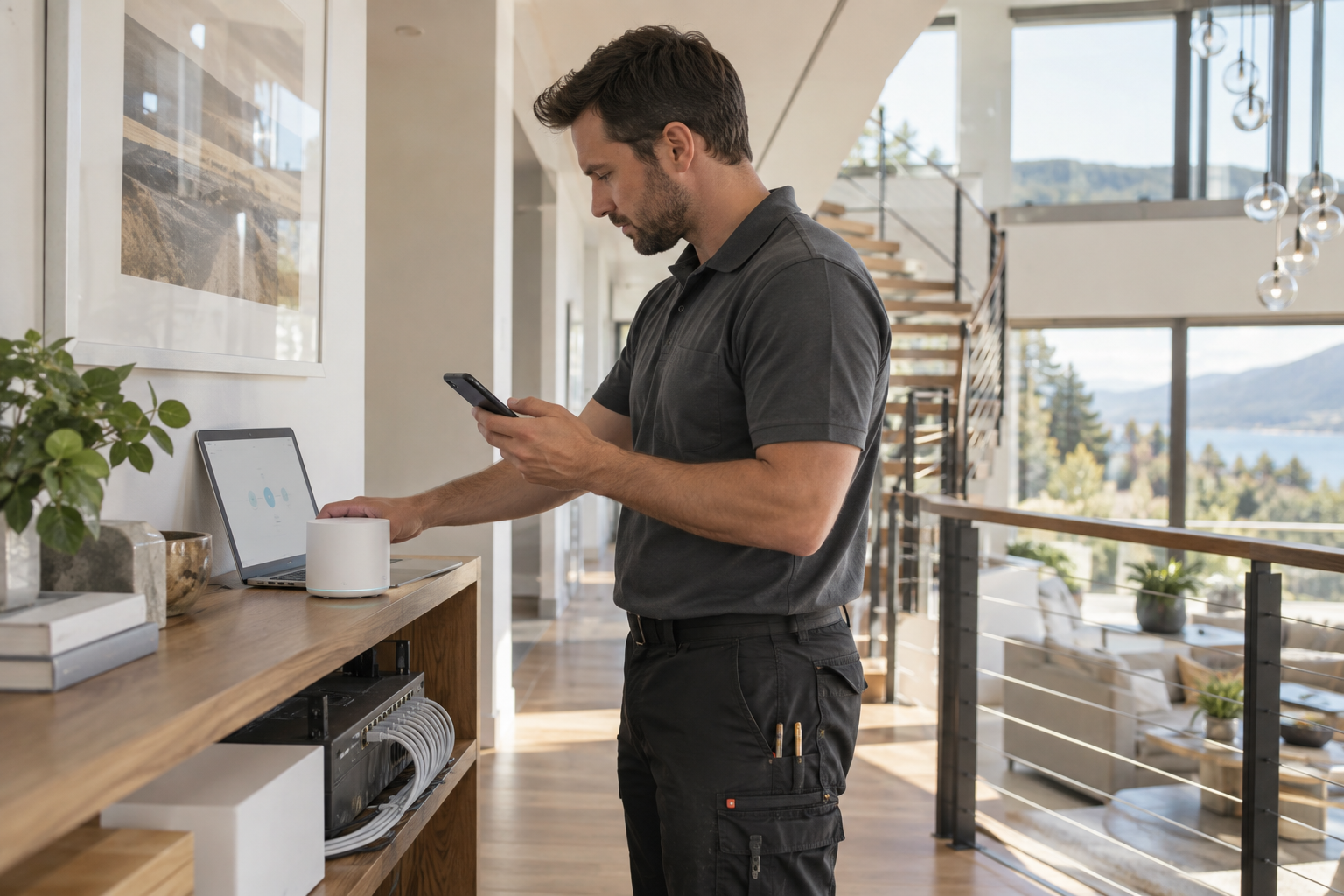 Kỹ thuật viên lắp đặt WiFi mesh cho nhà nhiều tầng