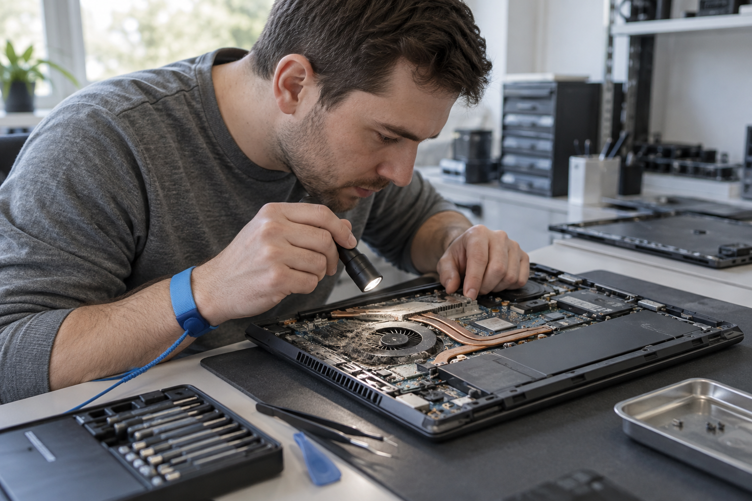 Kỹ thuật viên kiểm tra laptop nóng bất thường