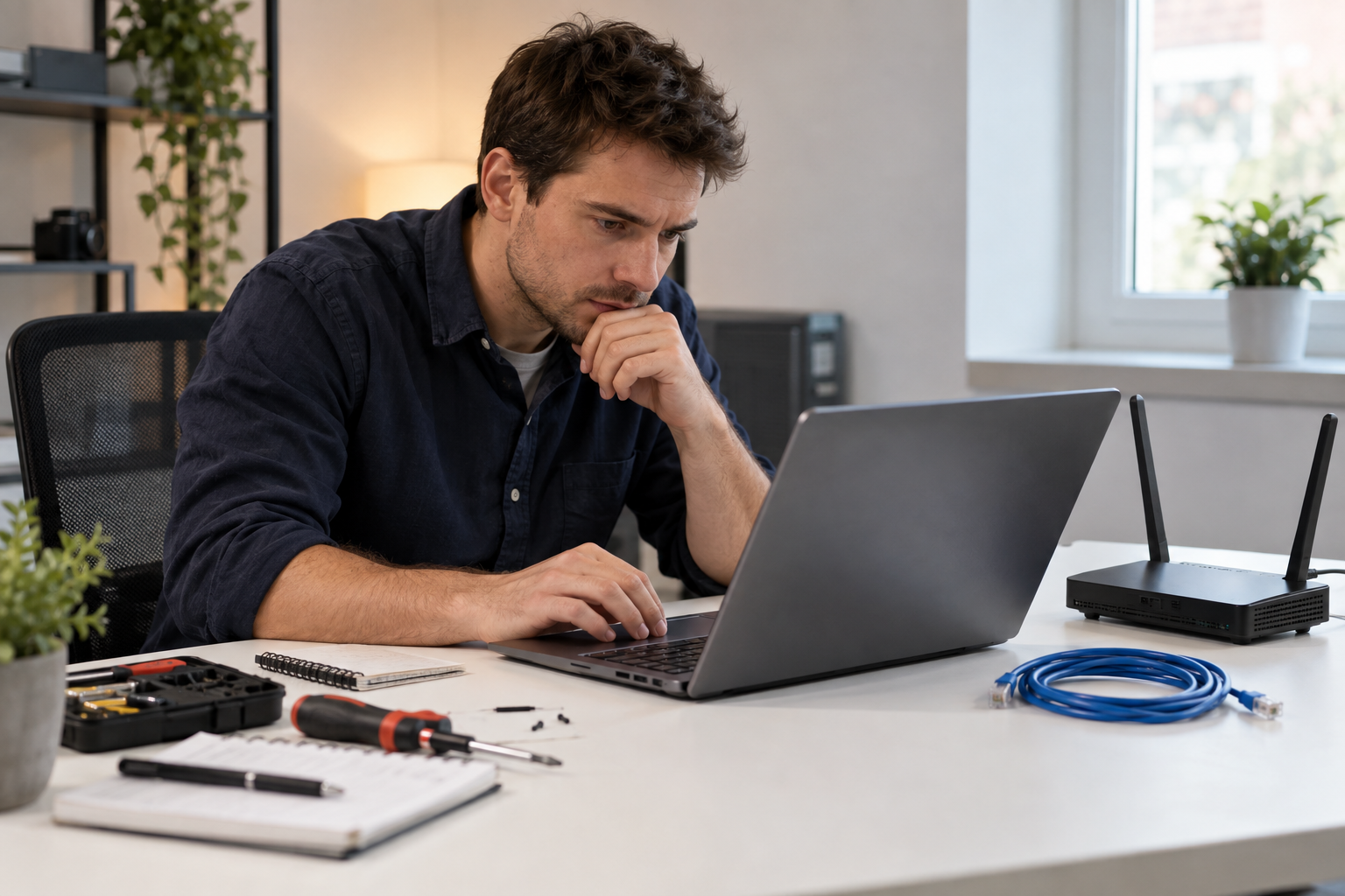 Kỹ thuật viên kiểm tra lỗi máy tính không kết nối được WiFi