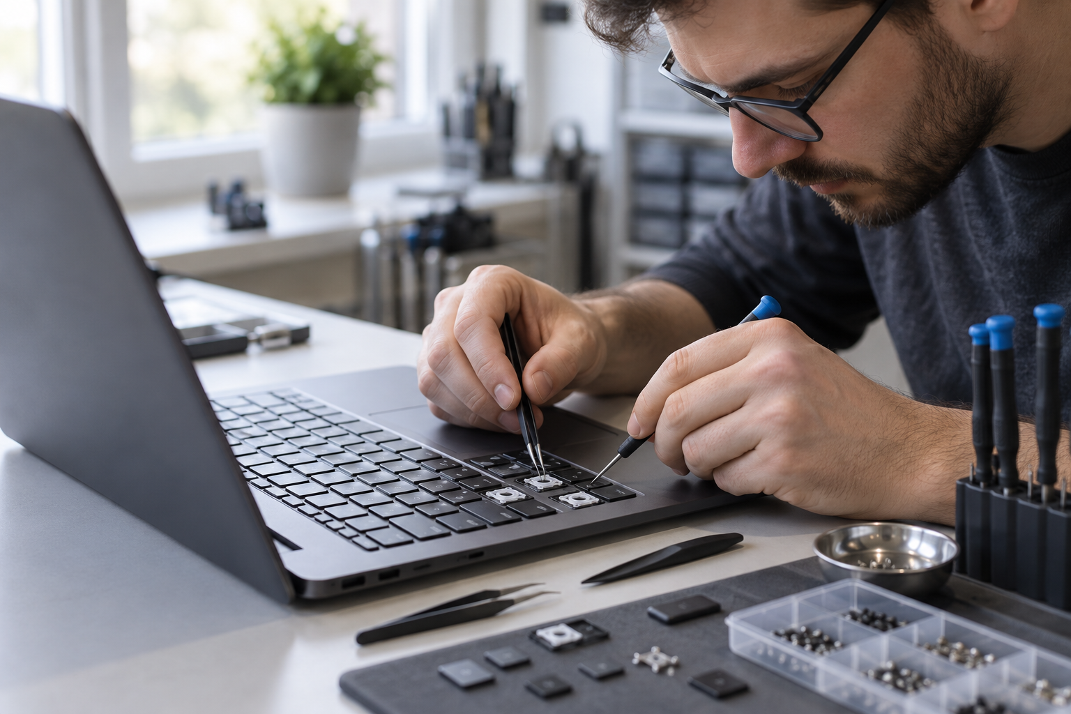 Kỹ thuật viên kiểm tra sửa bàn phím laptop bị liệt