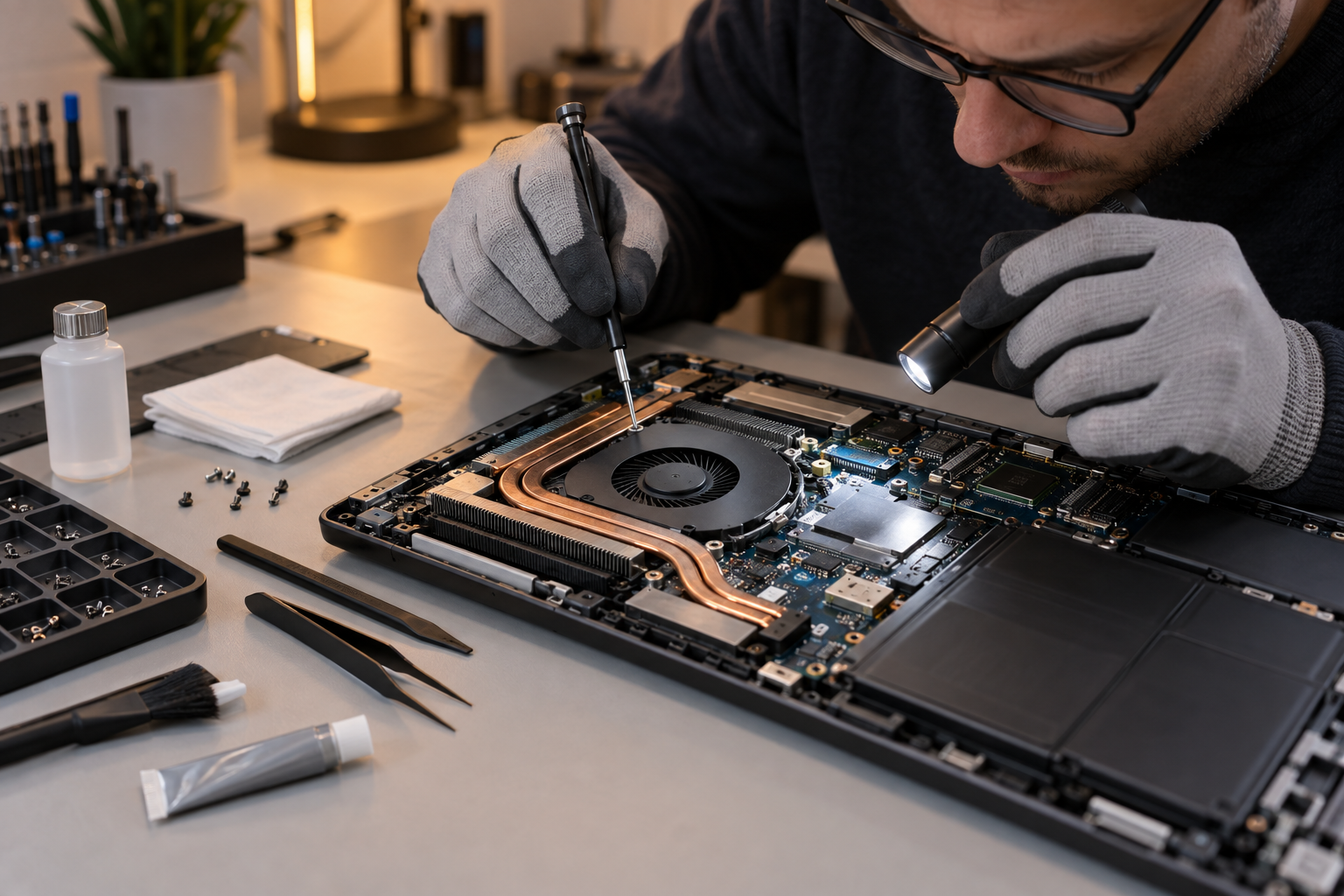 Kỹ thuật viên kiểm tra quạt tản nhiệt laptop bị nóng