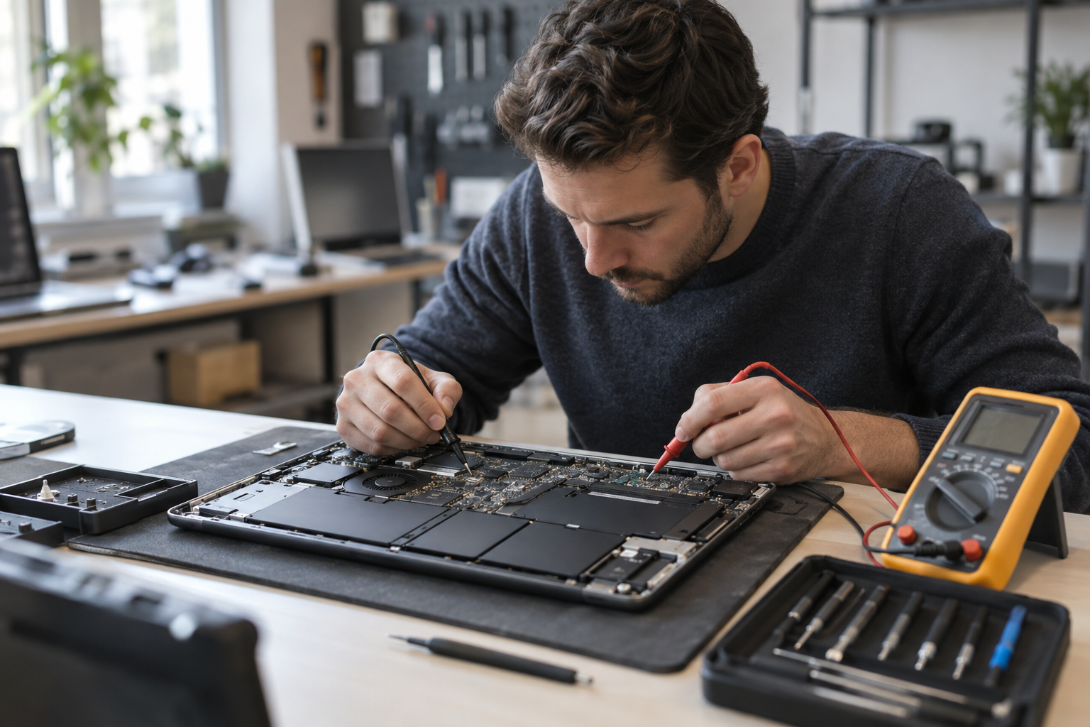 Kỹ thuật viên kiểm tra laptop bị sập nguồn đột ngột