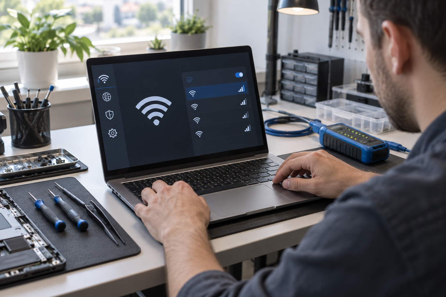 Kỹ thuật viên kiểm tra lỗi laptop không bắt WiFi