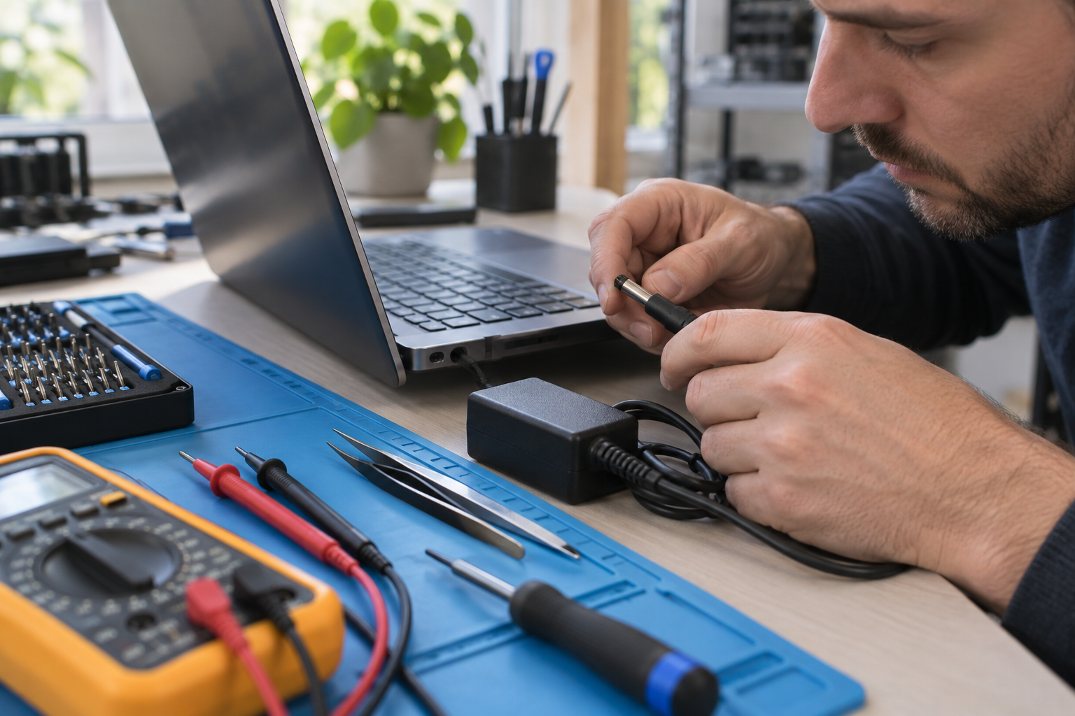 Kỹ thuật viên kiểm tra laptop không nhận sạc và pin không vào