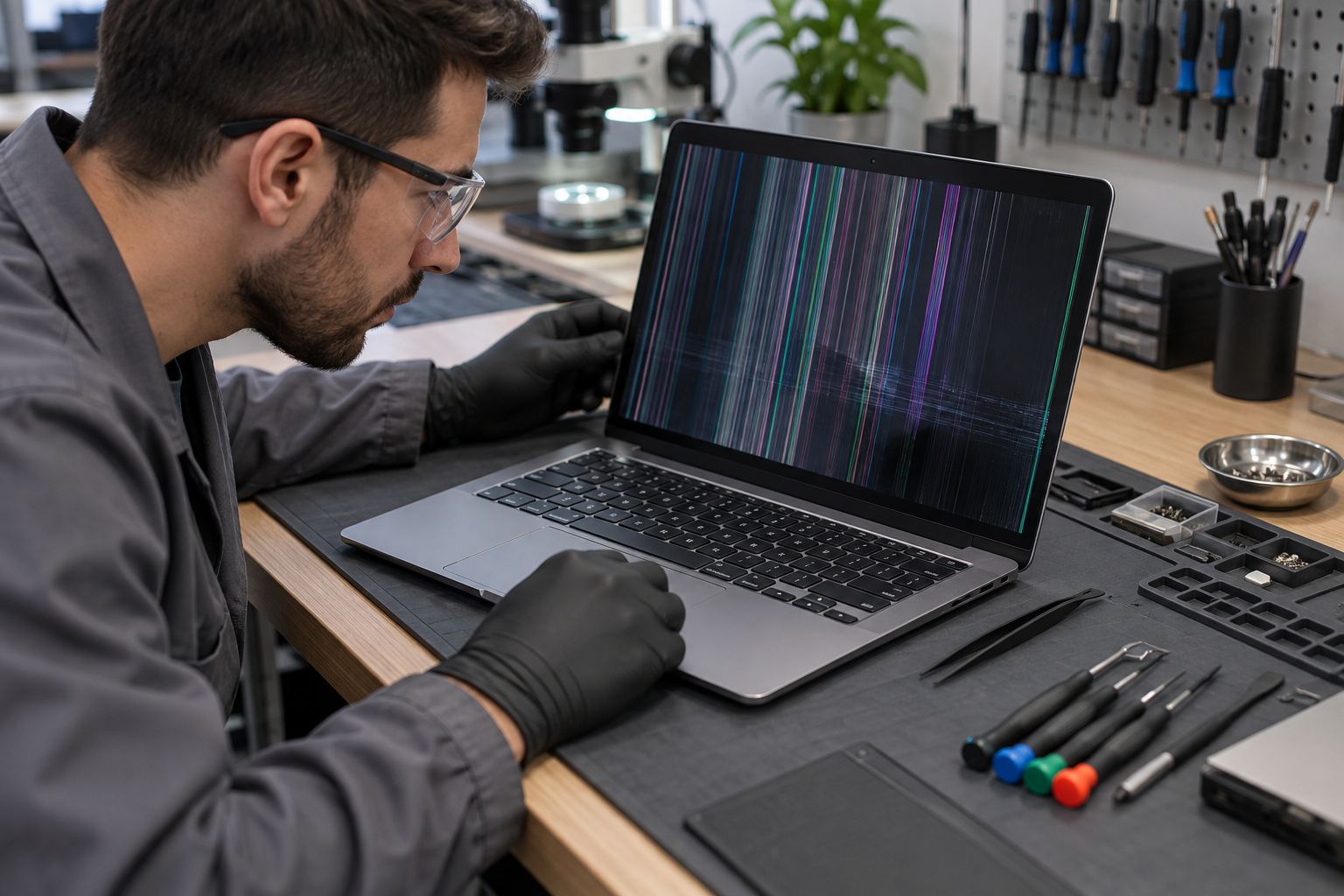 Kỹ thuật viên kiểm tra laptop bị sọc màn hình
